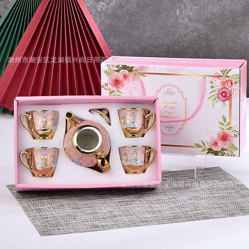 European style electroplated ceramic tea set with gold-plated coffee cups and plates for sale, gift ceramic cup and pot - 实物图