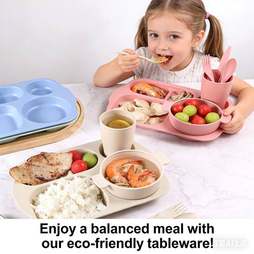 Wheat straw children's tableware six piece set, kindergarten cafeteria partition tableware set, children's bowls, cups,