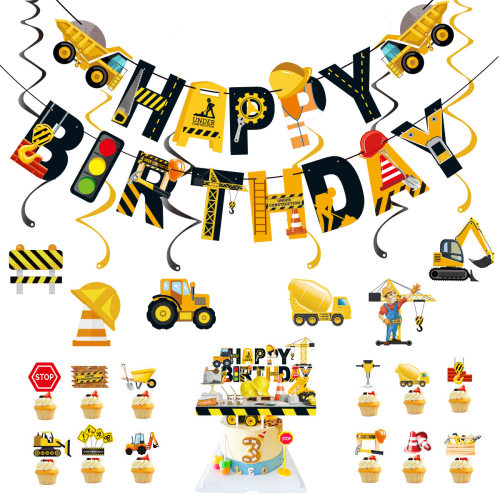 Children's cartoon dump truck excavator engineering vehicle letter birthday banner baking cake card insertion engineeri