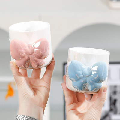 Creative bow ceramic cup with high aesthetic value, pearl glaze mug, business event souvenir, water cup, printing