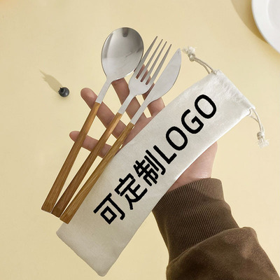 Imitation wood grain Western tableware knife fork spoon portable creative tableware set spoon fork storage bag combinat