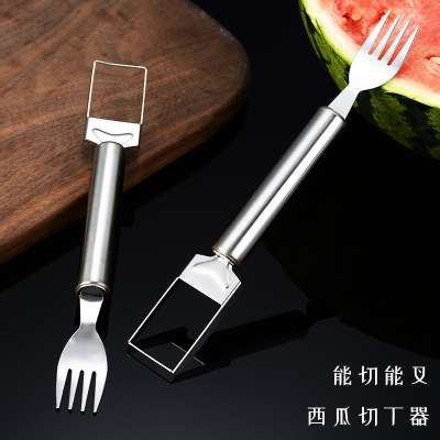 Cross border stainless steel two in one watermelon diced artifact, double headed knife and fork, Hami melon diced and d