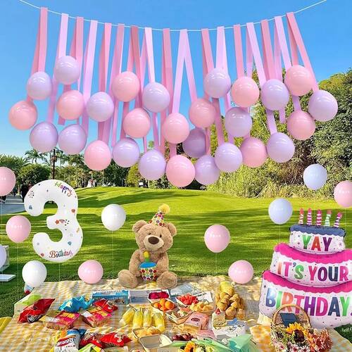 Picnic camping outdoor kindergarten classroom scene decoration birthday decoration ribbon tying balloons floating ribbo