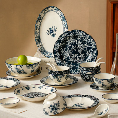 Underglaze color rice bowl, household 2025 ceramic plate, Chinese housewarming blue and white porcelain tableware, rice