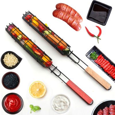 Hot Dog Barbecue Cage Barbecue Mesh Sausage Barbecue Basket Barbecue Mesh Wooden Handle Barbecue Mesh Vegetable Barbecu