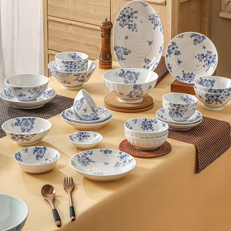 Yuhua porcelain shadow blue and white underglaze color ceramic bowl and dish set, household rice bowl, dish and tablewa