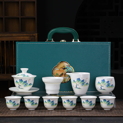 High end sheep fat jade white porcelain ink covered bowl kung fu tea set gift box set, complete set of covered bowl cer