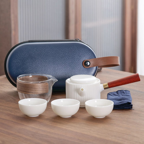 Yangzhi jade white porcelain travel tea set, one pot, three cups, side handle pot, portable bag, storage bag, gift outd