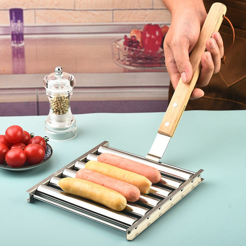 Cross border rolling hot dog rack, detachable stainless steel sausage grill, outdoor barbecue tool, wooden handle sausa