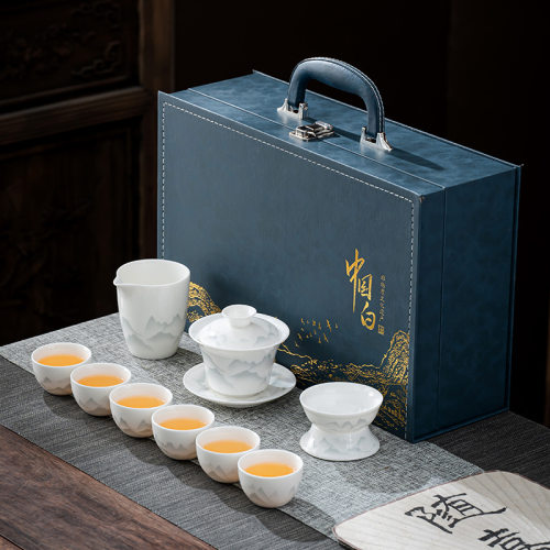 Ink wash white porcelain tea set, complete set of Kung Fu tea set, sheep fat jade covered bowl, tea cup, business gift
