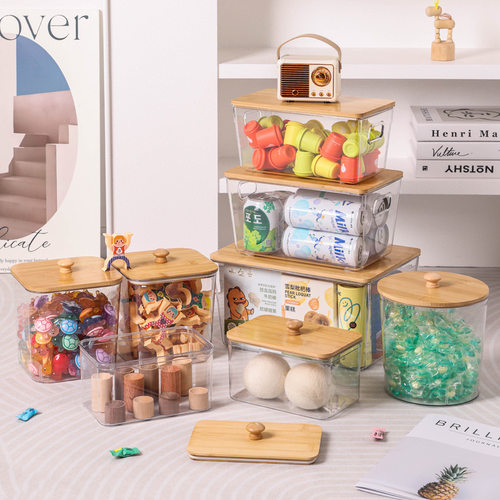 Bamboo and wood covered transparent storage box for household bedroom, living room, desktop, dust-proof storage and org