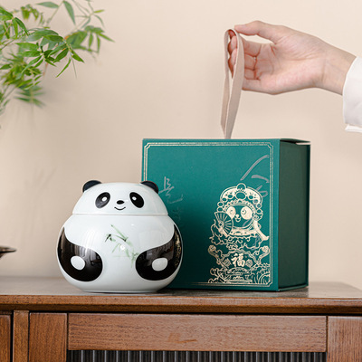 Creative ceramic storage jar, panda tea jar, gift box, silicone ring seal, cute souvenir gift