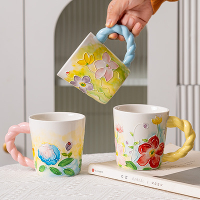 Hand drawn ceramic mug, high aesthetic relief flower cup, household breakfast cup, coffee cup, cute couple cup