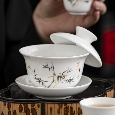 Yangzhi Jade White Porcelain Hovering Three Talent Cover Bowl Large Tea Bowl Household Ceramic Kung Fu Tea Set Single T