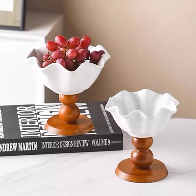 High aesthetic American retro high footed ceramic cake cup, ice cream cup, French elegant wooden dessert pudding cup, b