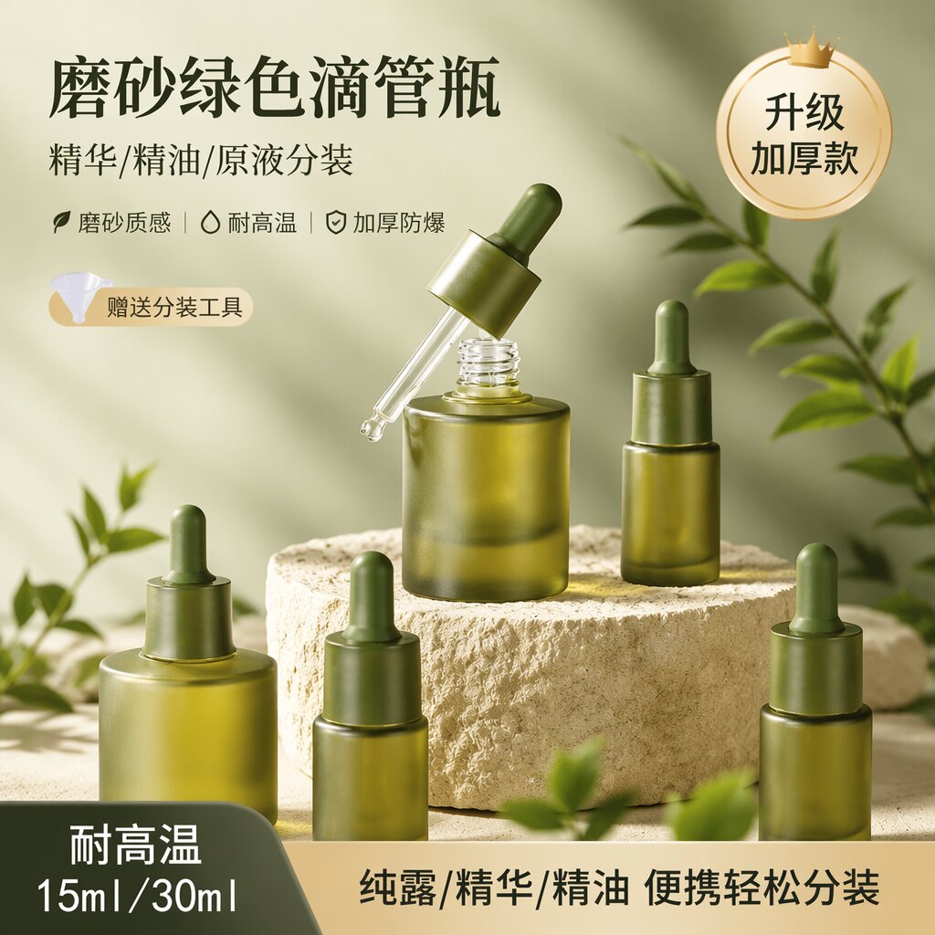 高档磨砂绿精油瓶滴管分装瓶图片