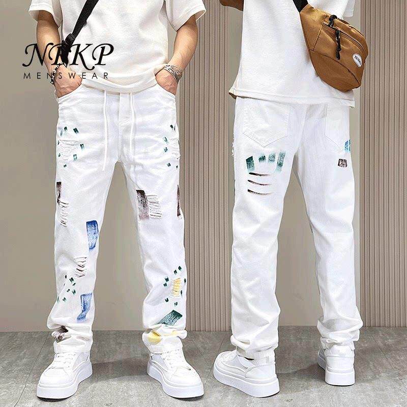 白色破洞牛仔裤男夏季2025新款痞帅个性涂鸦休闲 百搭宽松直筒裤