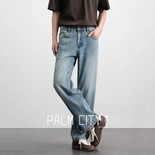 天丝凉感~PALM CITY浅蓝色直筒牛仔裤男夏季新款宽松阔腿裤休闲