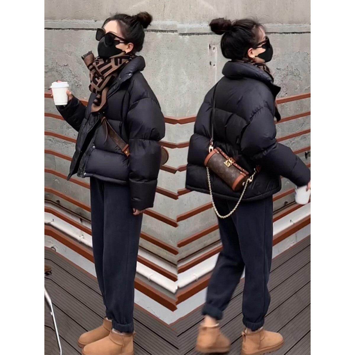 今年流行羽绒服女2025年春秋黑色短款宽松小个子白鸭绒面包服外套