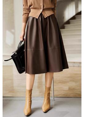 海宁真皮中长伞裙 高腰显瘦A字半身裙 黑色咖啡色美拉德风