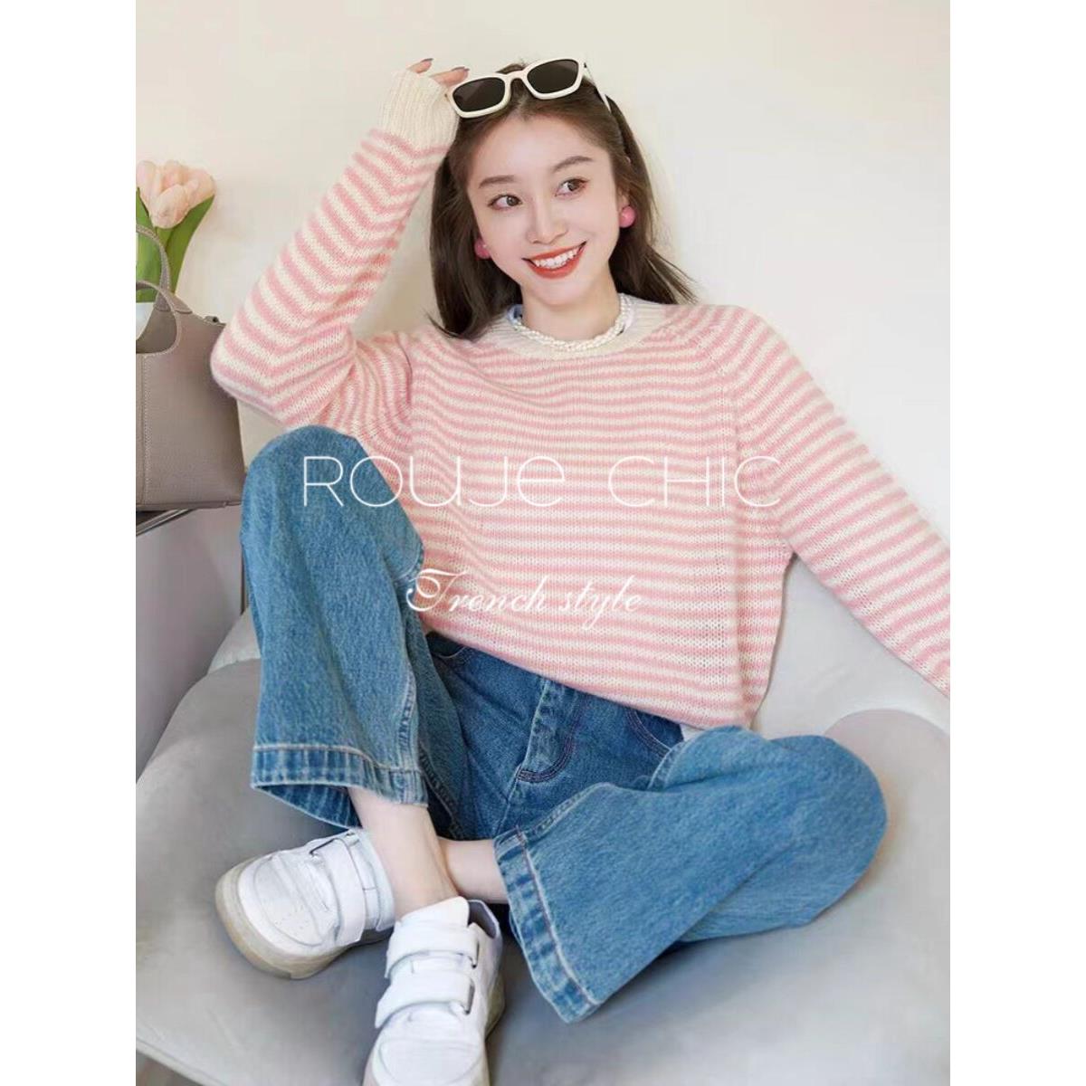 法国rouje chic法式甜美风撞色条纹宽松显瘦针织衫毛衣女春季上衣