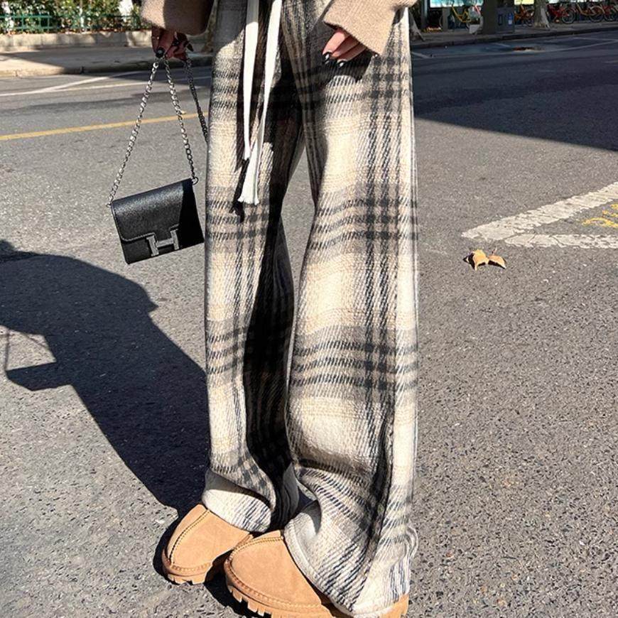 加绒毛呢格子阔腿裤女士秋冬季小个子高腰显瘦垂感休闲直筒长裤子