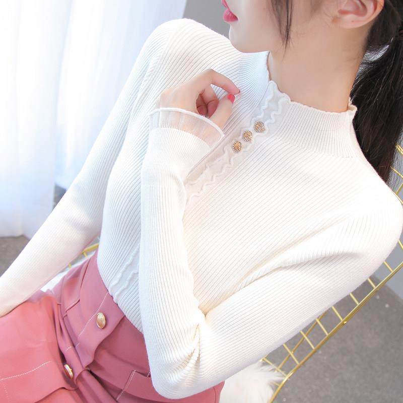 半高领打底衫女蕾丝秋冬内搭2025新款加厚修身白色毛衣针织衫上衣