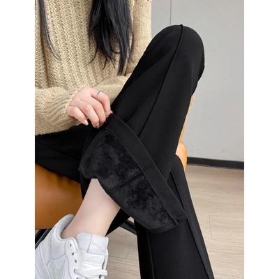 黑色加厚加绒裤子女春秋开叉拖地微喇叭裤高腰显瘦小个子西装裤潮