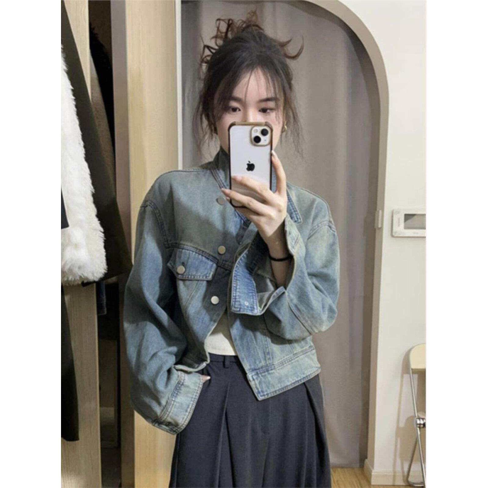 nextmary简约短款牛仔外套女春秋季薄款宽松小个子牛仔夹克上衣