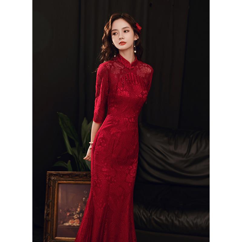 Ocnltiy中国风新娘敬酒旗袍裙春秋新娘气质订婚喜庆鱼尾礼服长裙