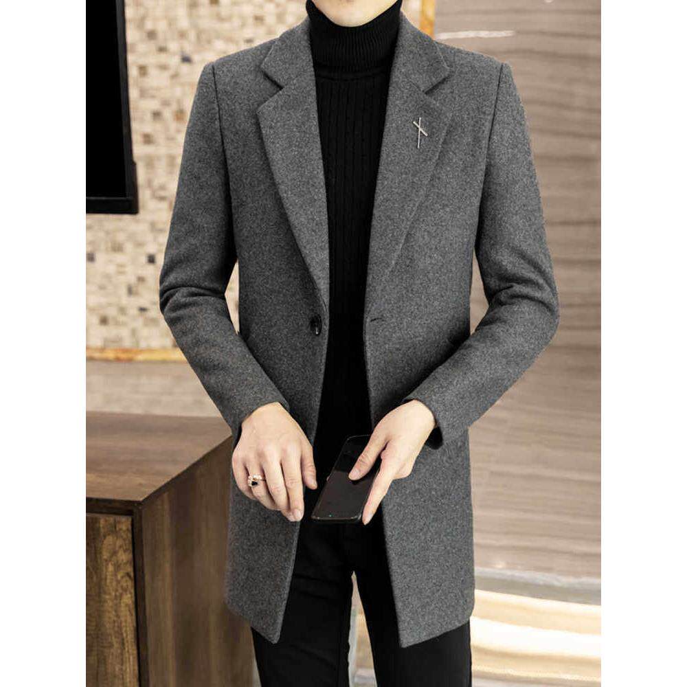 潮牌男士中长款毛呢大衣冬季加厚呢子风衣外套春秋款时尚休闲男装