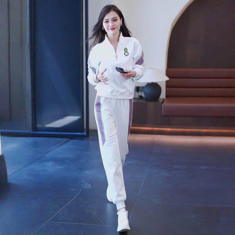 白色休闲运动套装女长袖卫衣2025年早春秋季新款时尚跑步服两件套