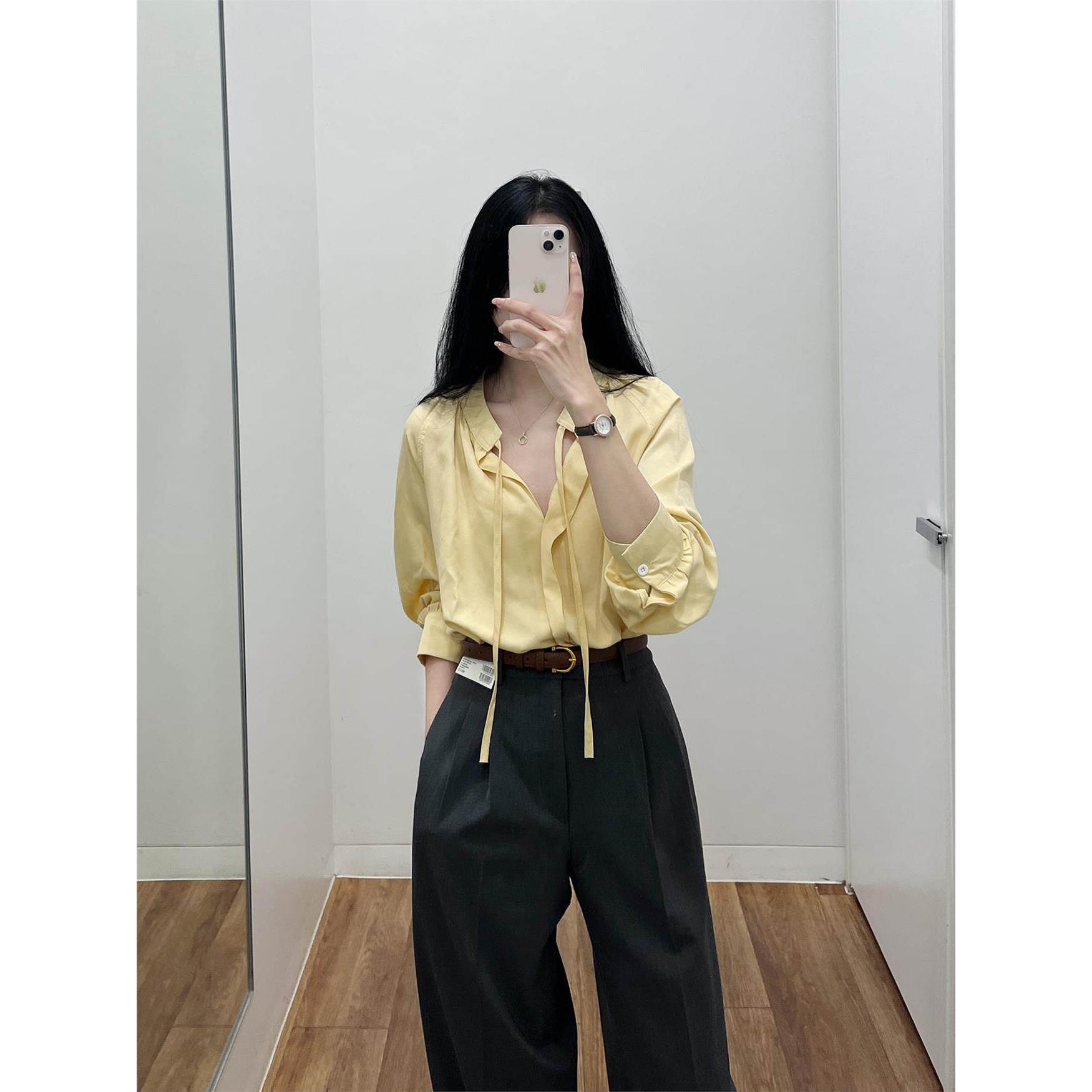 韩国NextMary黄色雪纺衬衫女夏季法式别致长袖防晒衣女薄款娃娃衫
