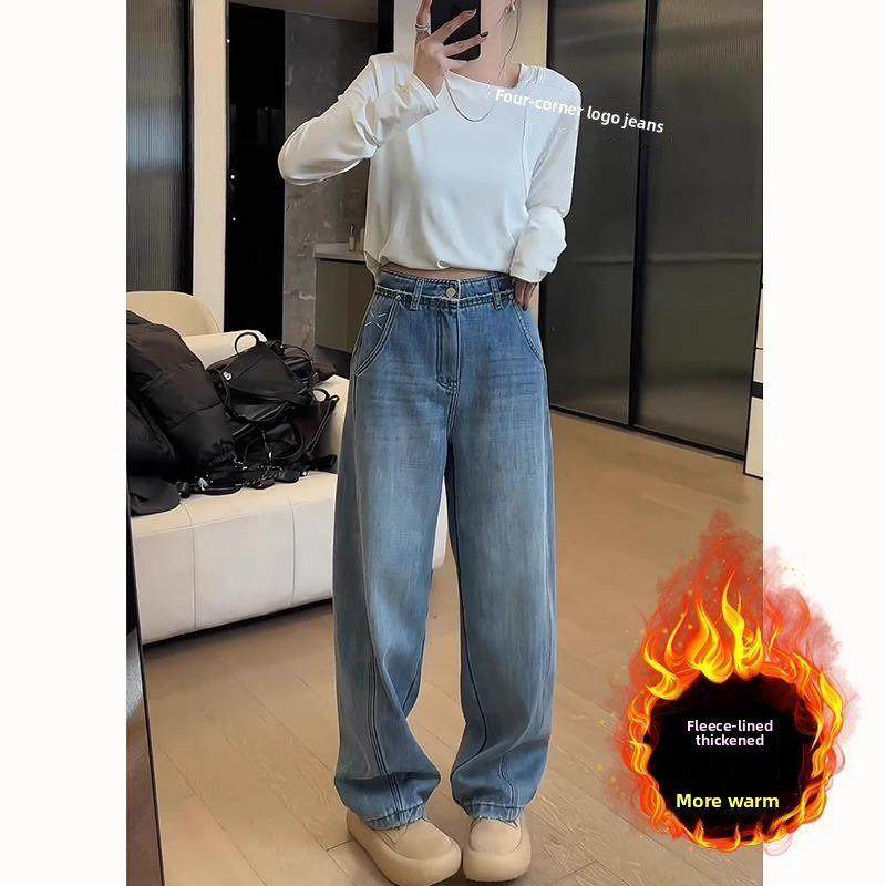 欧洲站加绒牛仔裤女2025年冬季新款宽松显瘦大码窄版阔腿弯刀裤潮