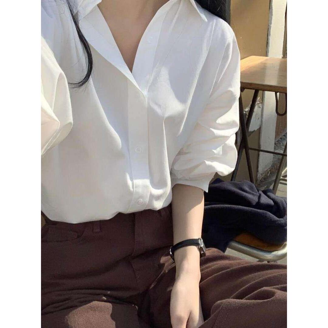 韩国NextMary白色长袖衬衫女春季洋气Polo领上衣内搭职业通勤衬衣