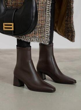 A.D Hepburn~短靴女粗跟中跟切尔西靴真皮方头百搭棕色弹力瘦瘦靴