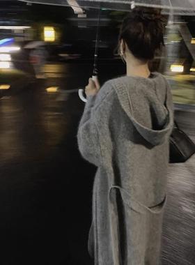 Spyb灰色长高端毛衣女士秋冬宽松中长慵懒风格过膝针织开衫夹克