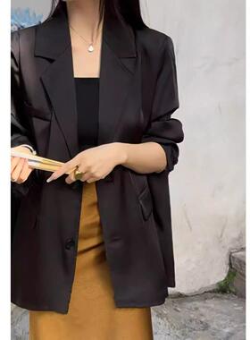 黑色真丝缎面西装外套女职业气质2025年新款光泽垂感醋酸休闲西服