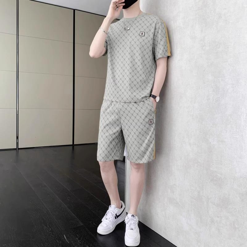 高端冰丝短袖套装男夏季薄款速干2025新款潮牌休闲男士短裤两件套