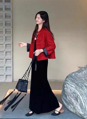 欧洲站2025秋装新中式国风气质套装红色外套丝绒吊带连衣裙两件套