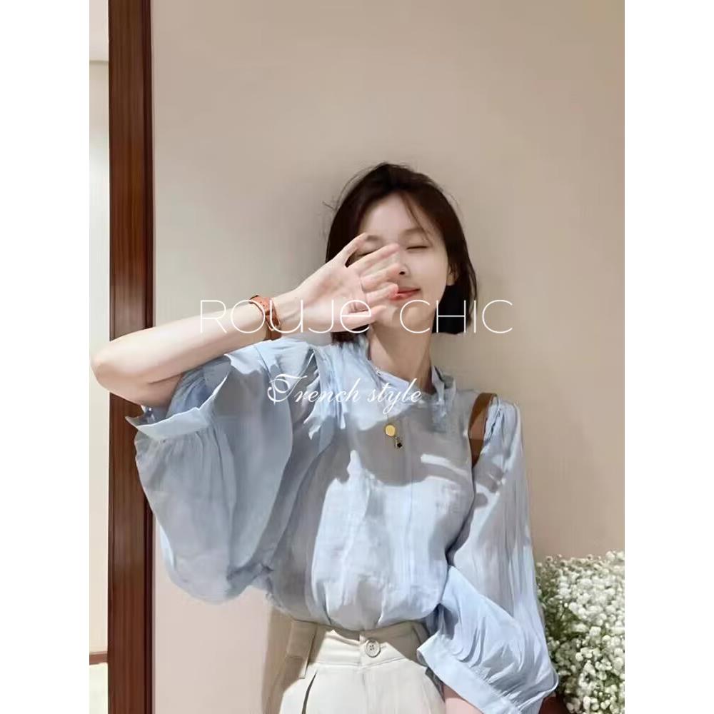 法国Rouje Chic法式小众天蓝色灯笼袖系带衬衫女夏季温柔别致衬衫