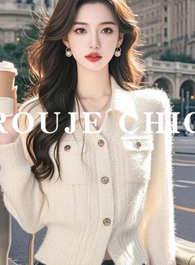 法国rouje chic法式气质白色毛衣女秋冬polo领小众修身打底针织衫