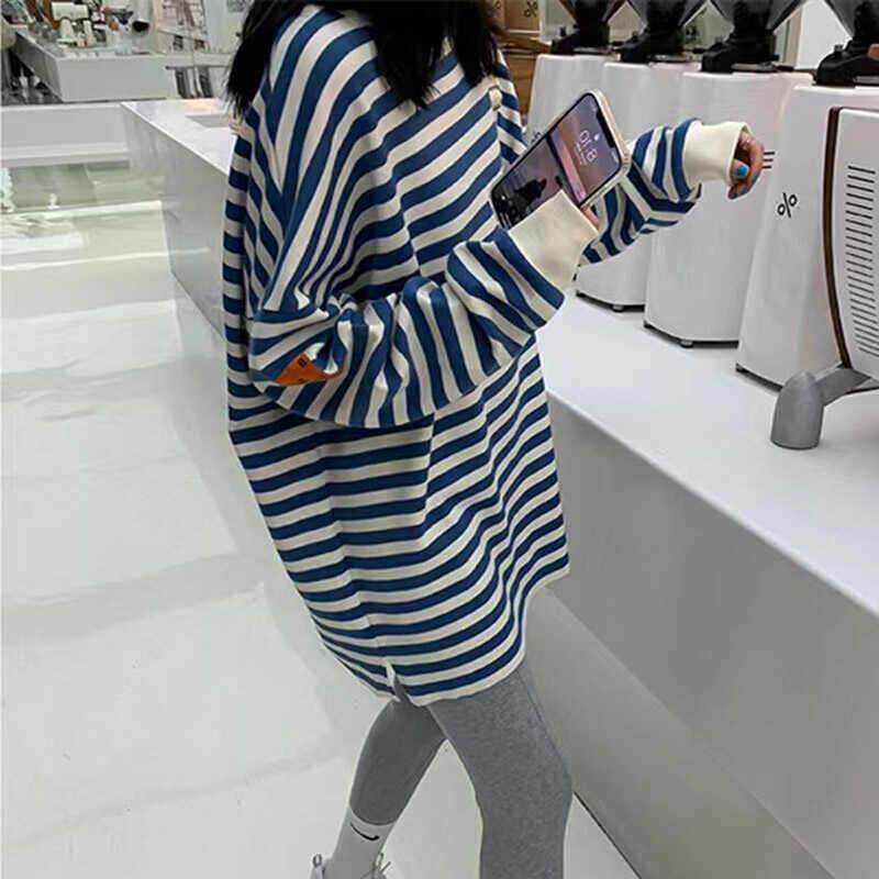 香港欧洲站中长款圆领套头条纹长袖卫衣女宽松纯棉慵懒风上衣春秋