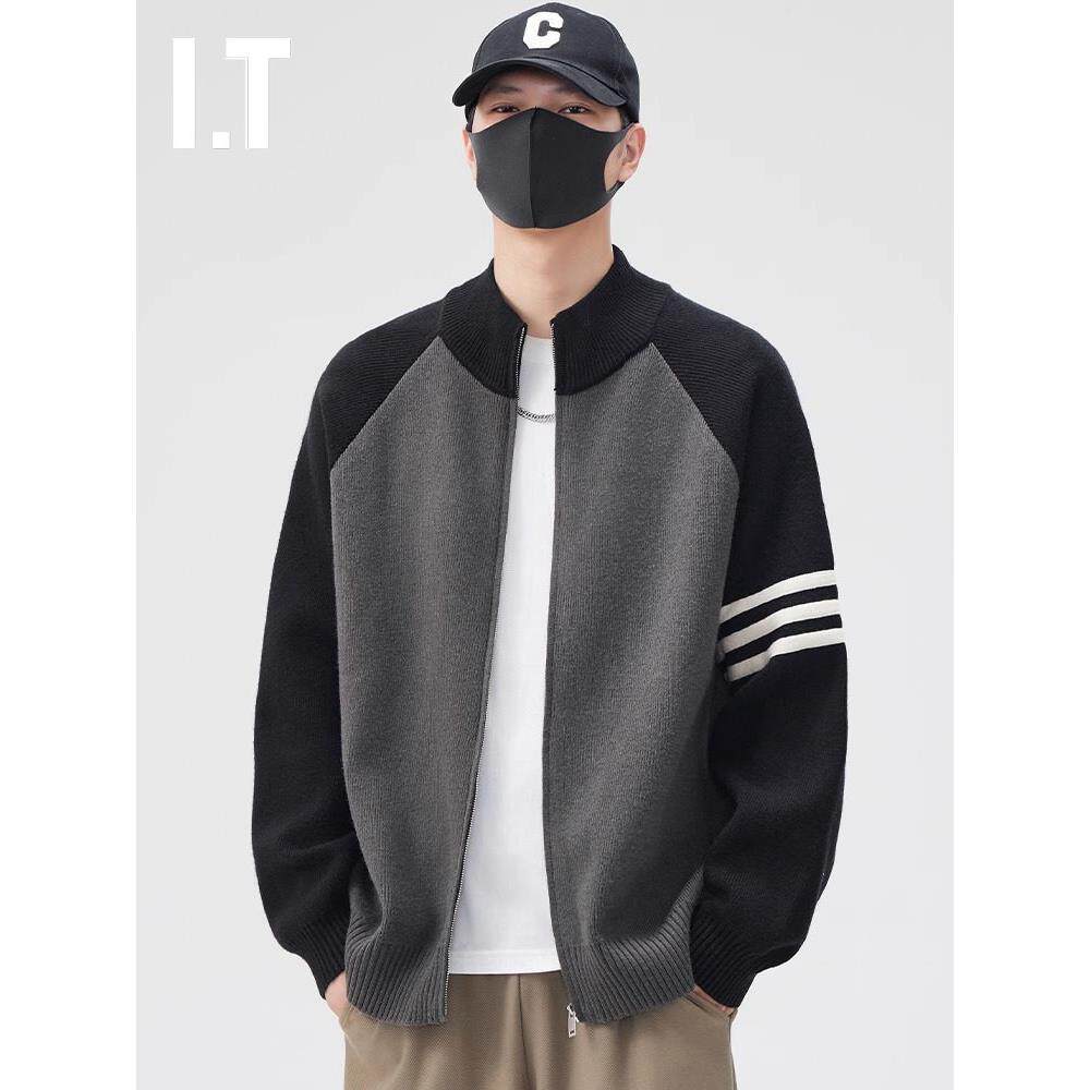 潮牌开衫毛衣男士秋冬季立领撞色条纹针织衫外套男生休闲毛线衣服