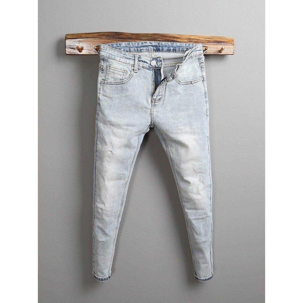 男士浅色牛仔裤2025新款春秋季修身小脚九分裤潮牌弹力流行长裤子,男装,牛仔裤,淘宝优惠券,粉丝福利购,淘宝优惠卷