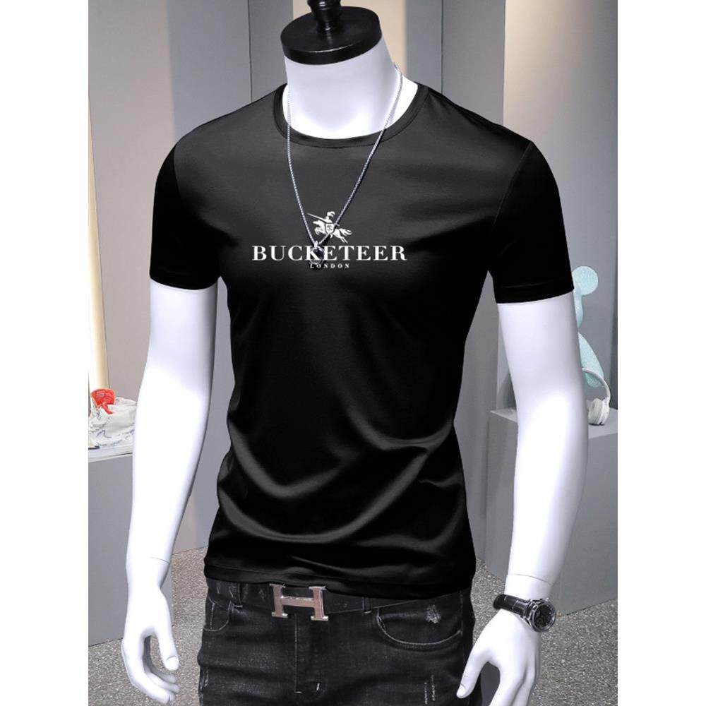 冰丝短袖t恤男高端丝滑冰感速干高弹力字母体恤衫休闲修身打底衫