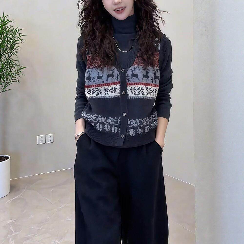 韩版费尔岛提花针织马甲搭配半高领打底衫两件套女秋冬季复古套装