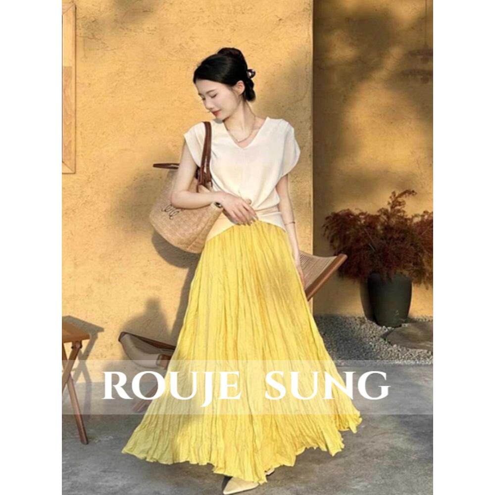 ROUJE SUNG~黄色褶皱半身裙女夏季新款小众设计感高腰显瘦a字长裙
