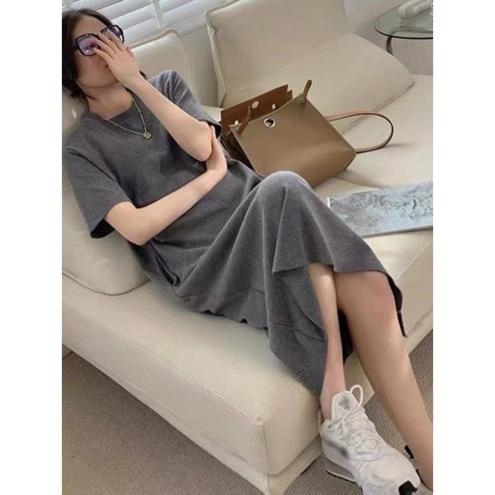 NextMary灰色短袖连衣裙宽松大码打底裙高级法式长裙冷淡风连衣裙