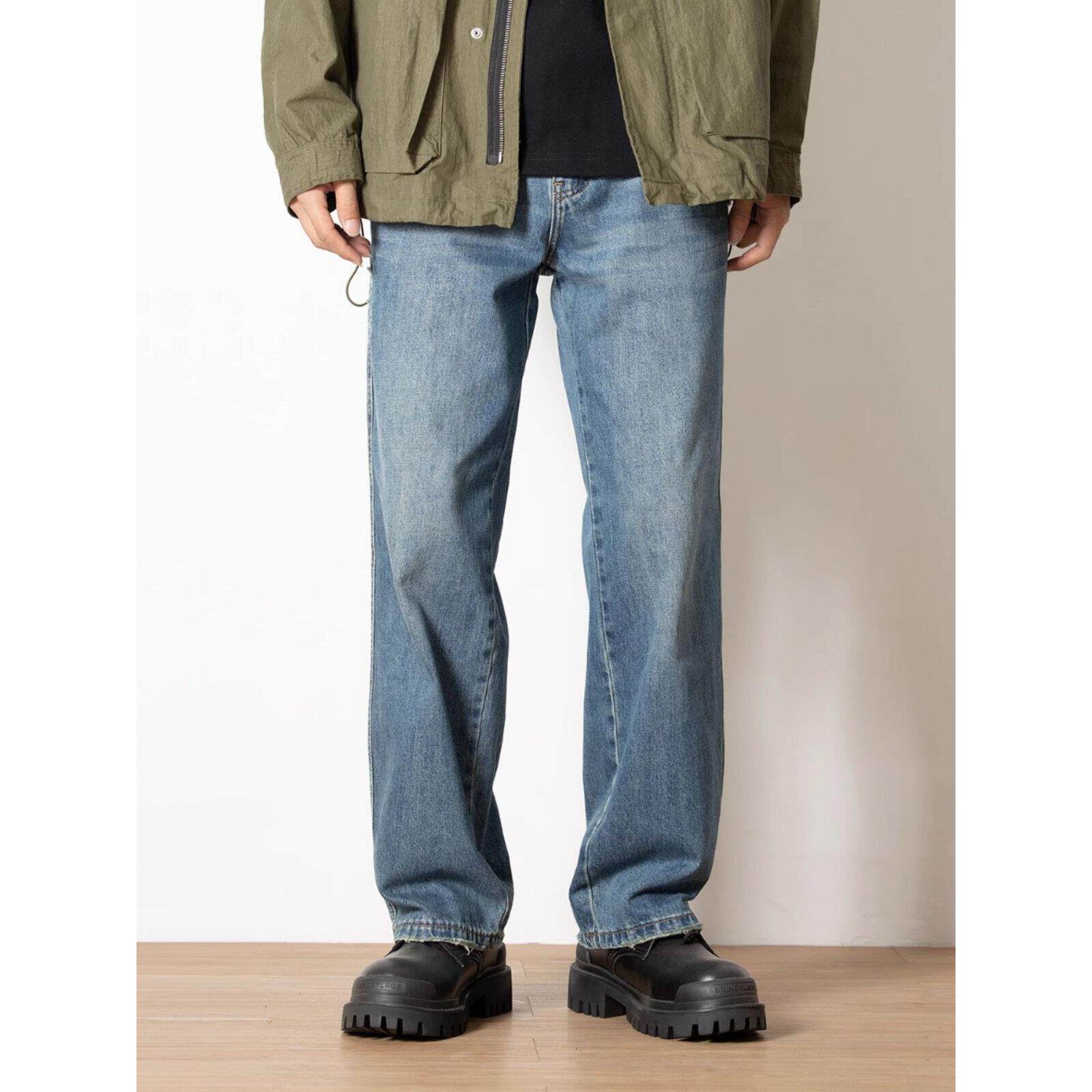 it Afternnaths潮牌！阔腿直筒牛仔裤男刮烂蓝色宽松微喇休闲长裤